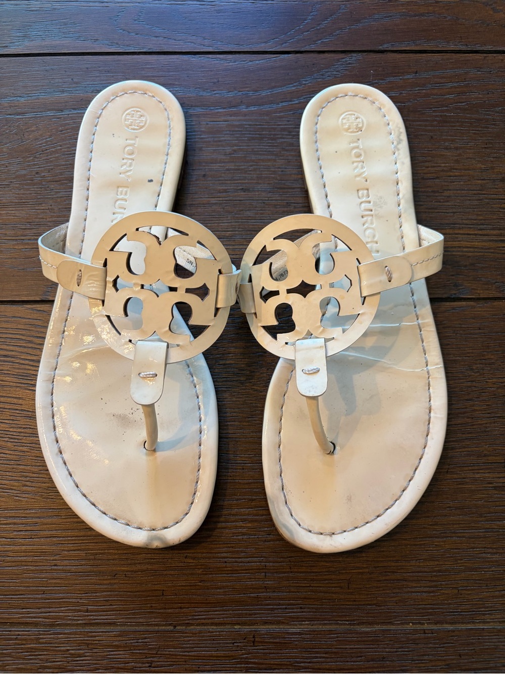 Tory Burch Cream Patent Miller Logo Thong Sandals